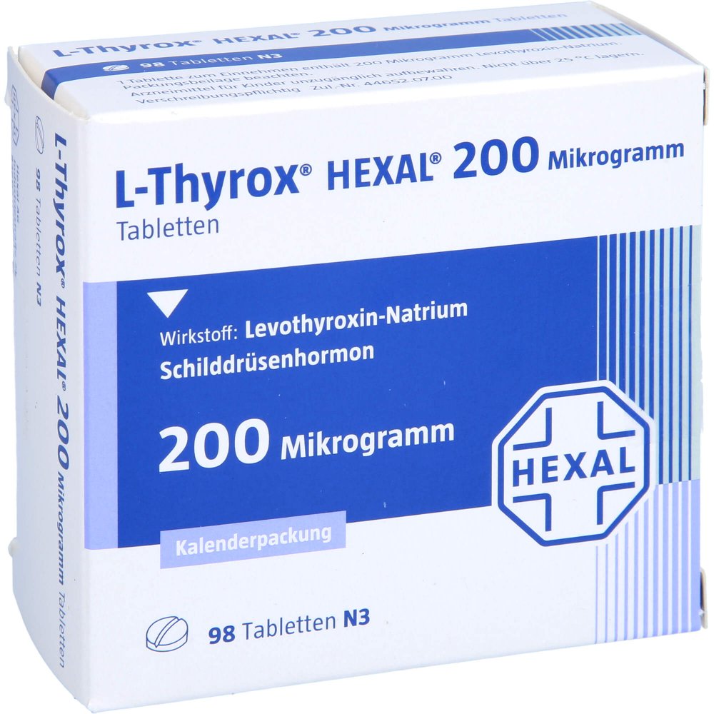 Das Produktfoto zeigt L-Thyrox Hexal 200 Mikrogramm Tabl.I.Kalenderpack. (98 stk) PZN 14295223
