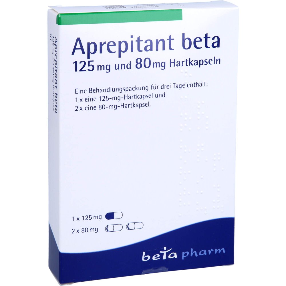 Das Produktfoto zeigt Aprepitant Beta 125 Mg Und 80 Mg Hartkapseln (3 stk) PZN 14295571