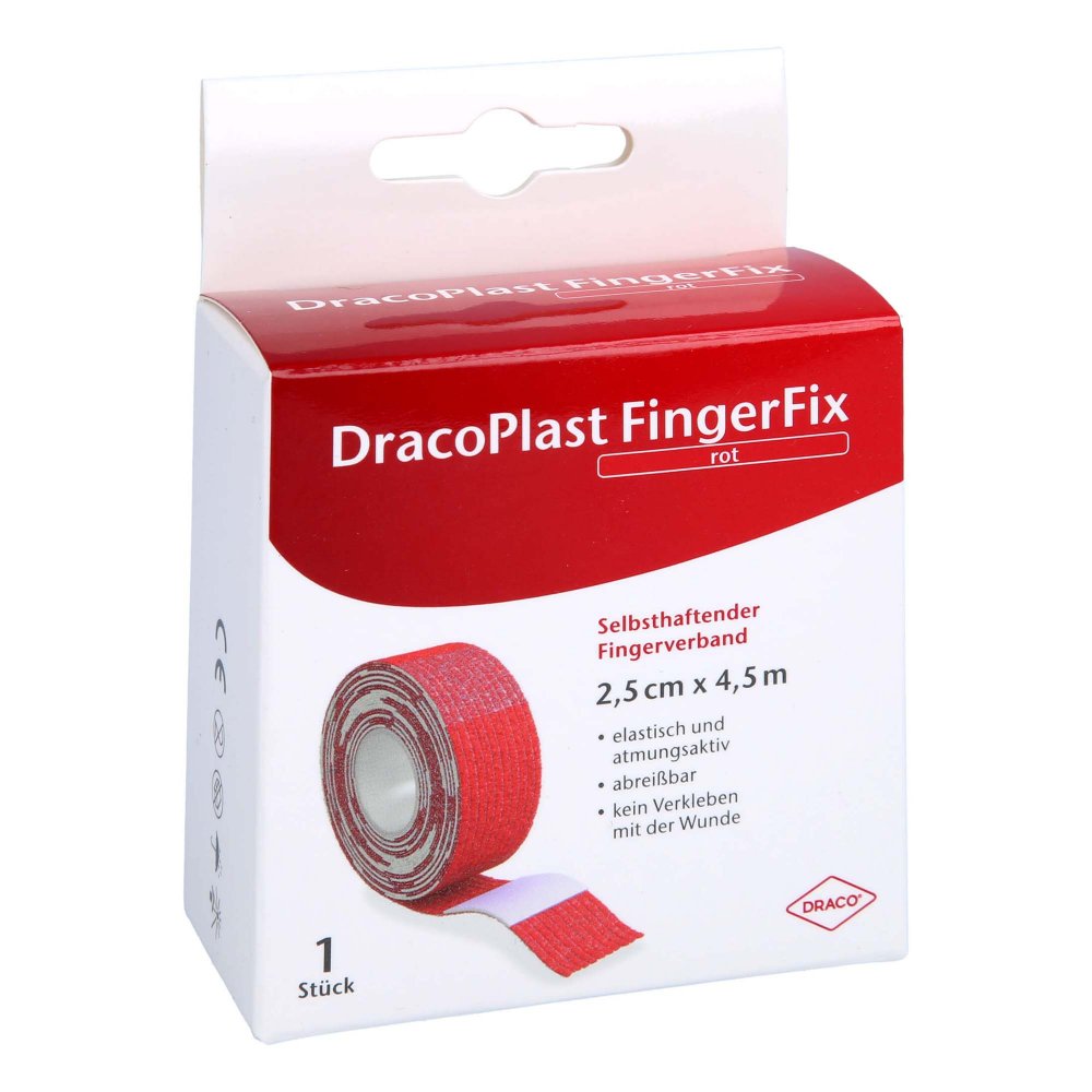 Das Produktfoto zeigt Dracoplast Fingerfix 2,5 Cmx4,5 M M.Wundk.Rot (1 stk) PZN 14296576