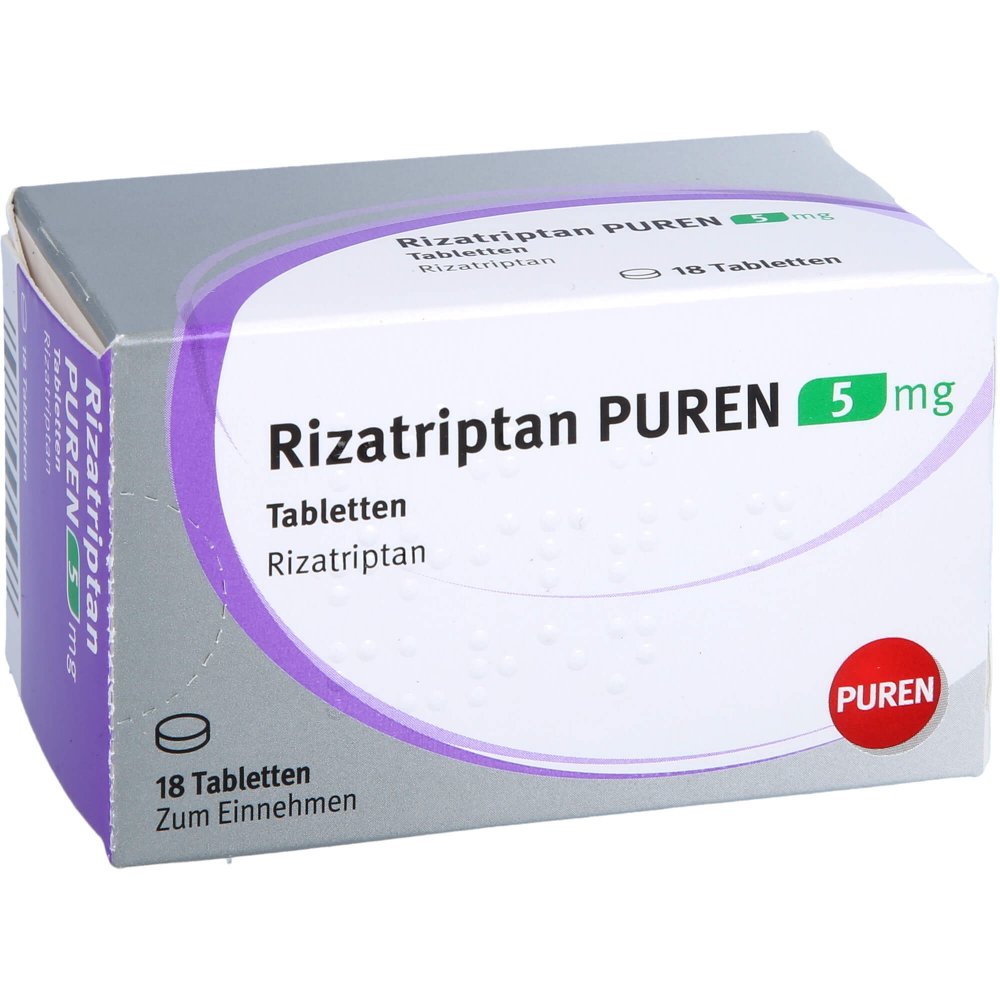 Das Produktfoto zeigt Rizatriptan Puren 5 Mg Tabletten (18 stk) PZN 14299095