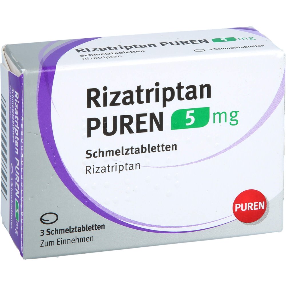 Das Produktfoto zeigt Rizatriptan Puren 5 Mg Schmelztabletten (3 stk) PZN 14299161