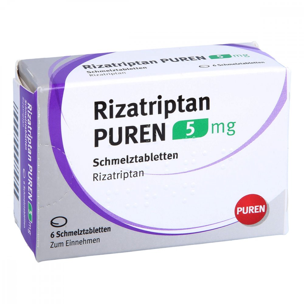 Das Produktfoto zeigt Rizatriptan Puren 5 Mg Schmelztabletten (6 stk) PZN 14299178