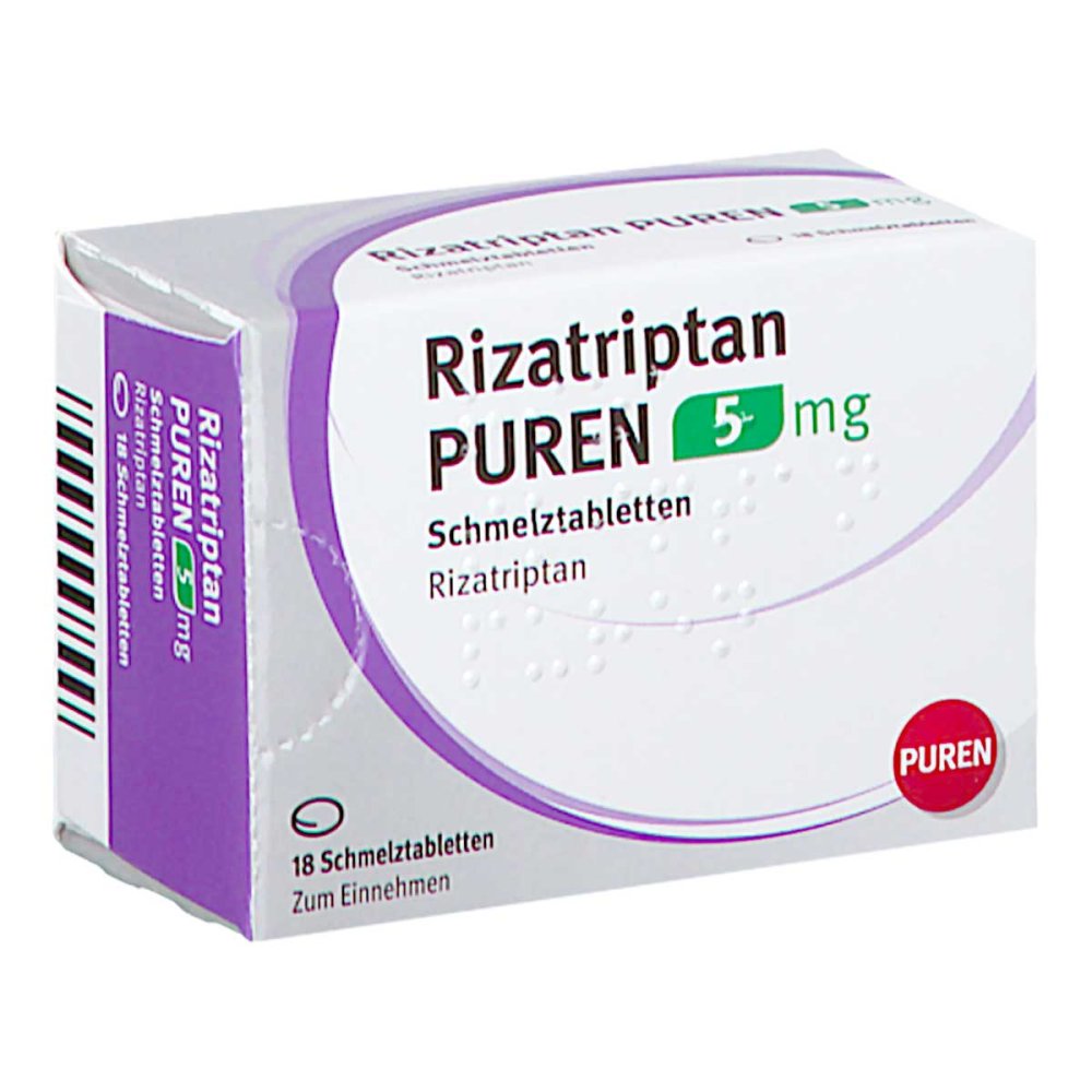 Das Produktfoto zeigt Rizatriptan Puren 5 Mg Schmelztabletten (18 stk) PZN 14299184