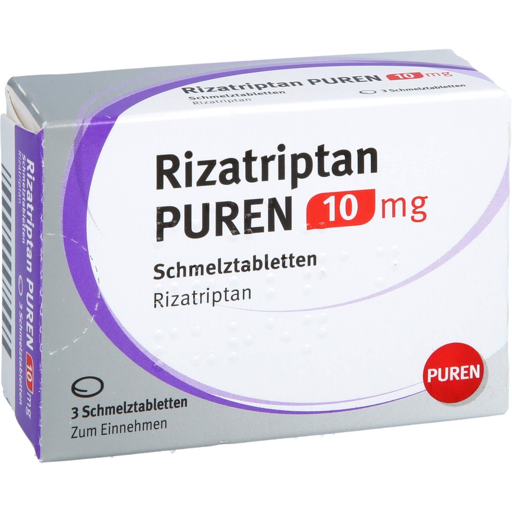 Das Produktfoto zeigt Rizatriptan Puren 10 Mg Schmelztabletten (3 stk) PZN 14299190
