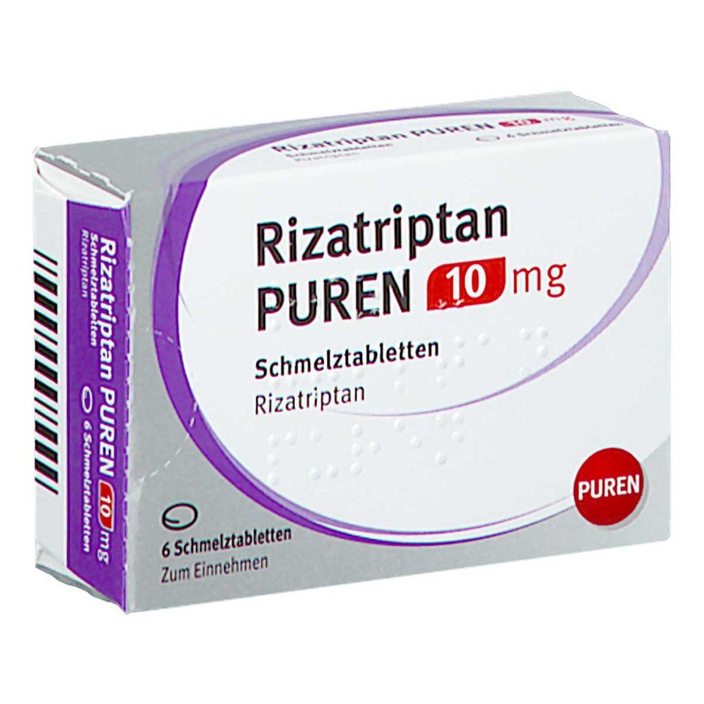 Das Produktfoto zeigt Rizatriptan Puren 10 Mg Schmelztabletten (6 stk) PZN 14299215