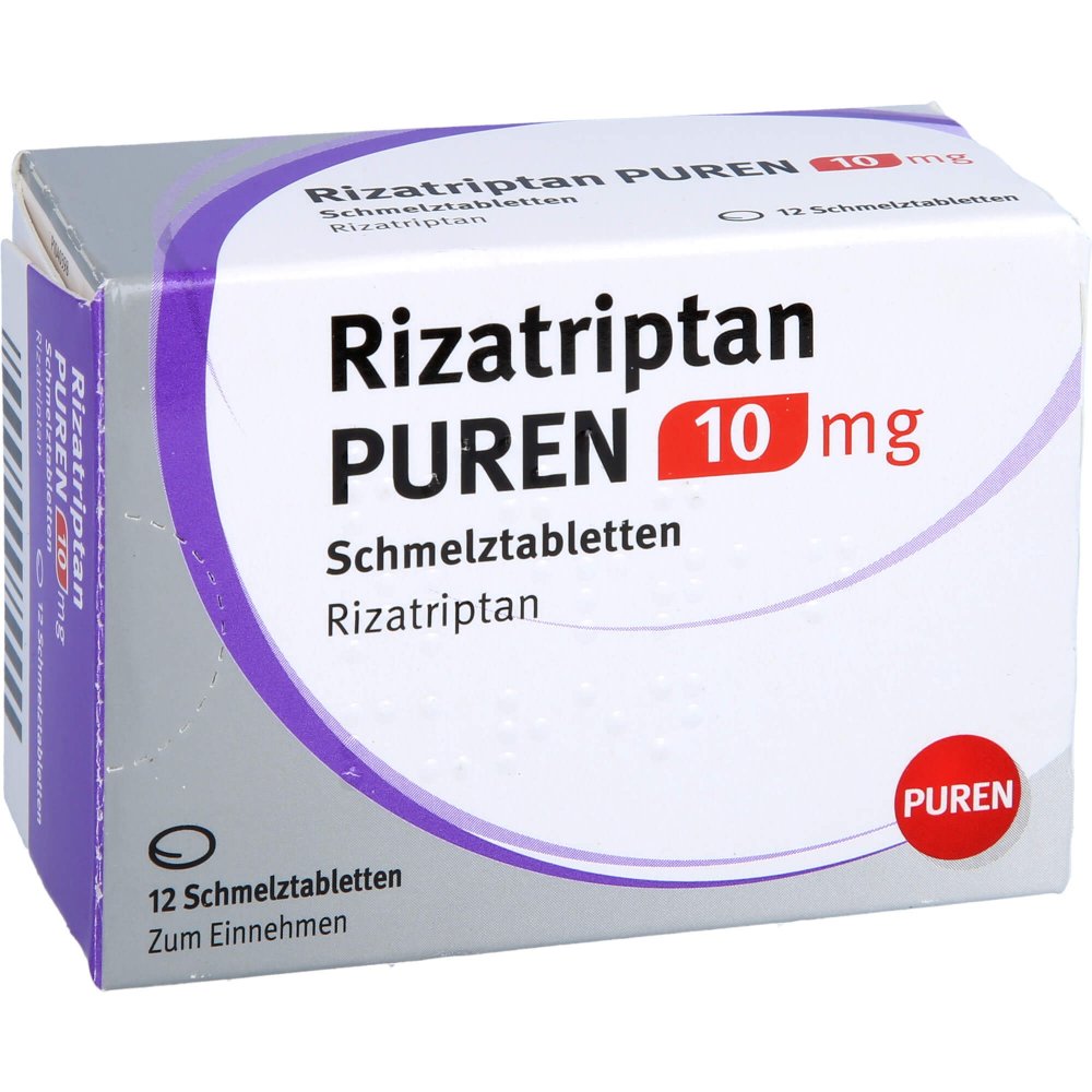 Das Produktfoto zeigt Rizatriptan Puren 10 Mg Schmelztabletten (12 stk) PZN 14299221
