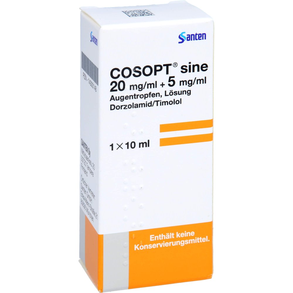 Das Produktfoto zeigt Cosopt Sine 20 Mg/Ml + 5 Mg/Ml Augentropfen Lösung (1X10 ml) PZN 14300148