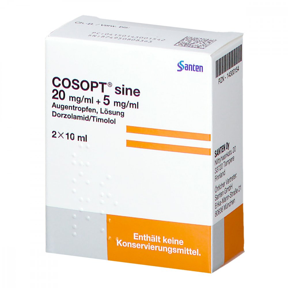 Das Produktfoto zeigt Cosopt Sine 20 Mg/Ml + 5 Mg/Ml Augentropfen Lösung (2X10 ml) PZN 14300154