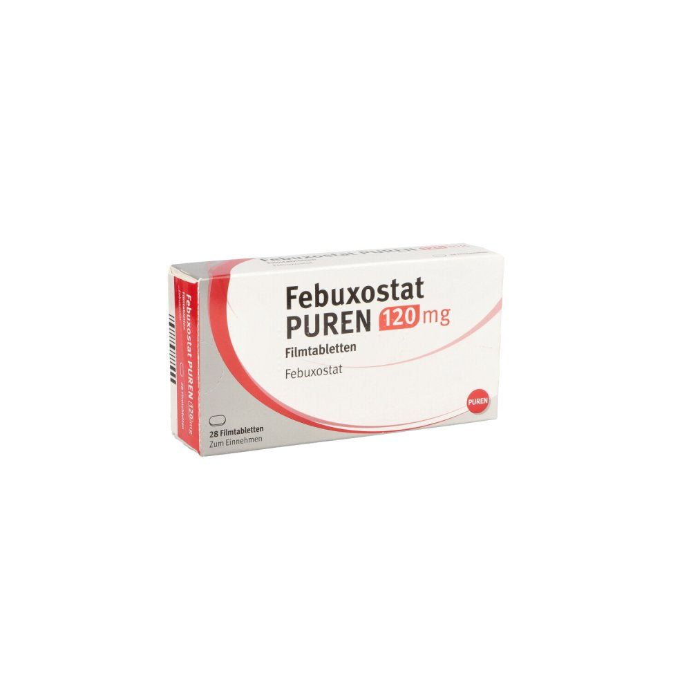Das Produktfoto zeigt Febuxostat Puren 120 Mg Filmtabletten (28 stk) PZN 14304608