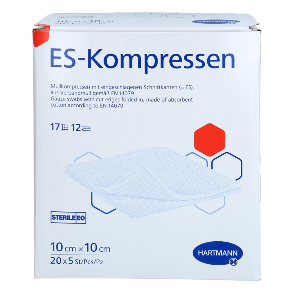 Das Produktfoto zeigt Es-Kompressen Steril 10x10 Cm Großpackung (20X5 stk) PZN 14306837