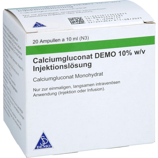Das Produktfoto zeigt Calciumgluconat Demo 10% W/V Injektionslösung (20X10 ml) PZN 14307682