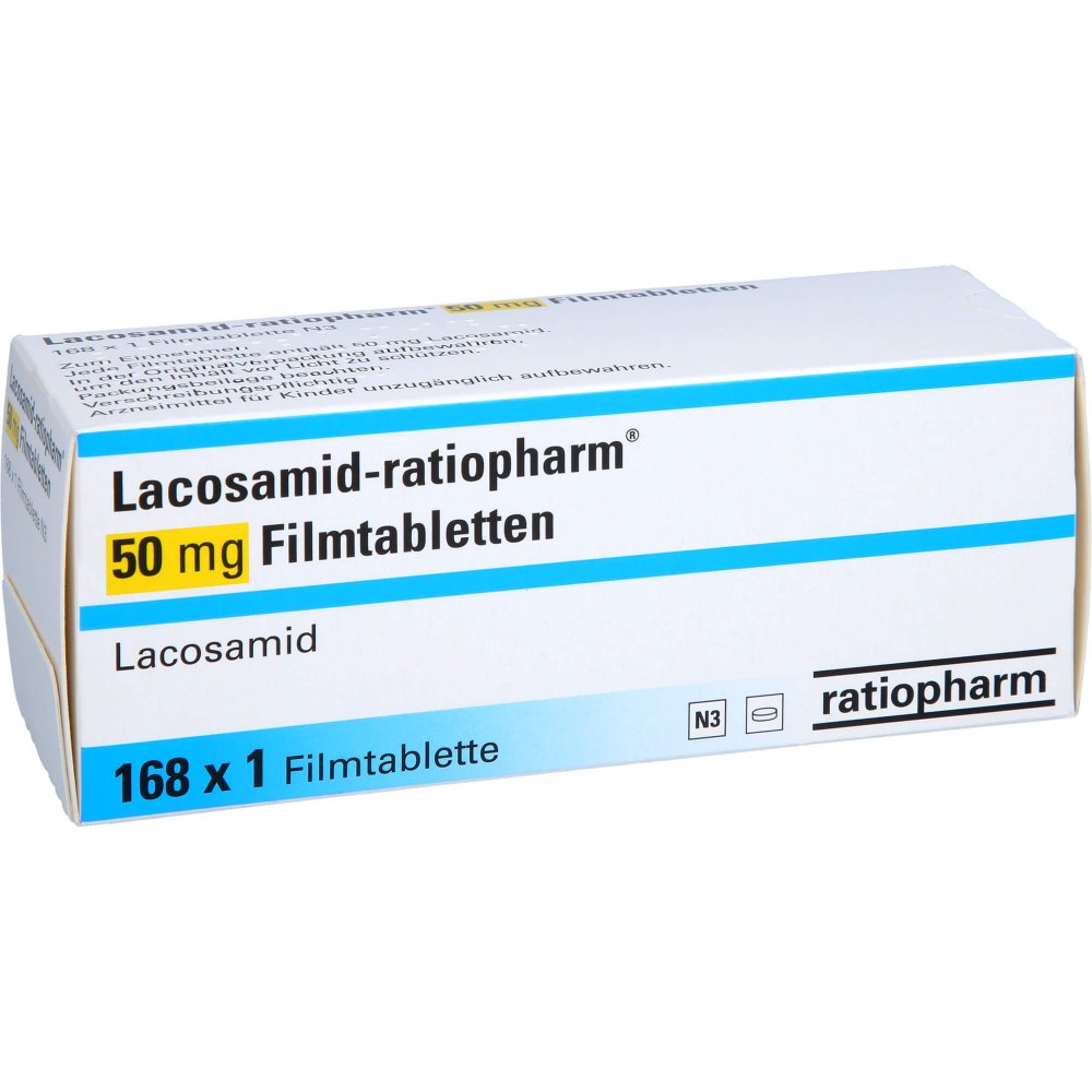 Das Produktfoto zeigt Lacosamid-Ratiopharm 50 Mg Filmtabletten (168 stk) PZN 14308664