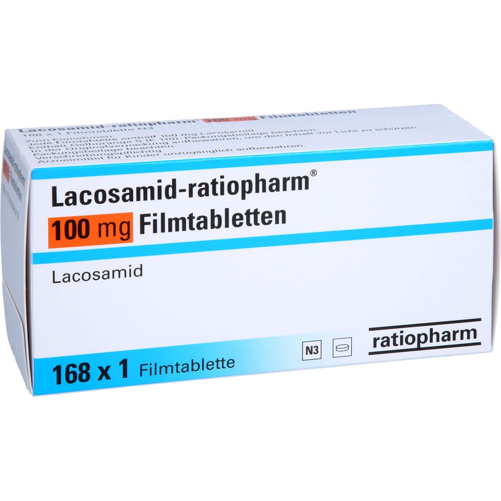 Das Produktfoto zeigt Lacosamid-Ratiopharm 100 Mg Filmtabletten (168 stk) PZN 14308693