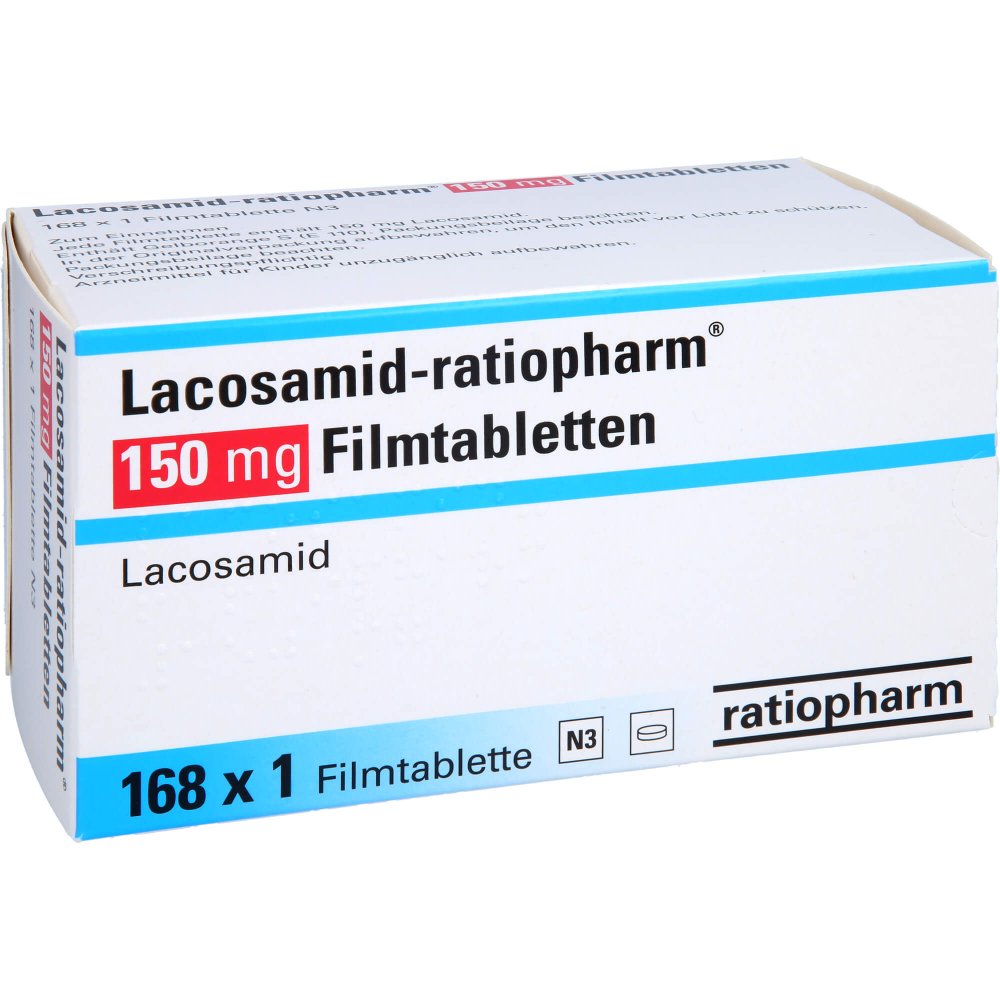 Das Produktfoto zeigt Lacosamid-Ratiopharm 150 Mg Filmtabletten (168 stk) PZN 14308724