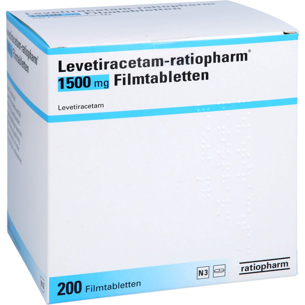 Das Produktfoto zeigt Levetiracetam-Ratiopharm 1500 Mg Filmtabletten (200 stk) PZN 14310394