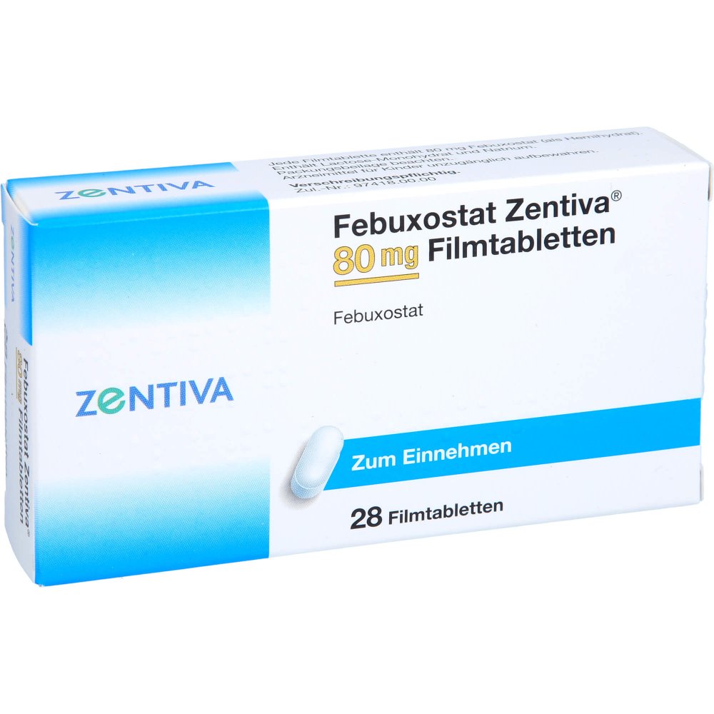 Das Produktfoto zeigt Febuxostat Zentiva 80 Mg Filmtabletten (28 stk) PZN 14313352