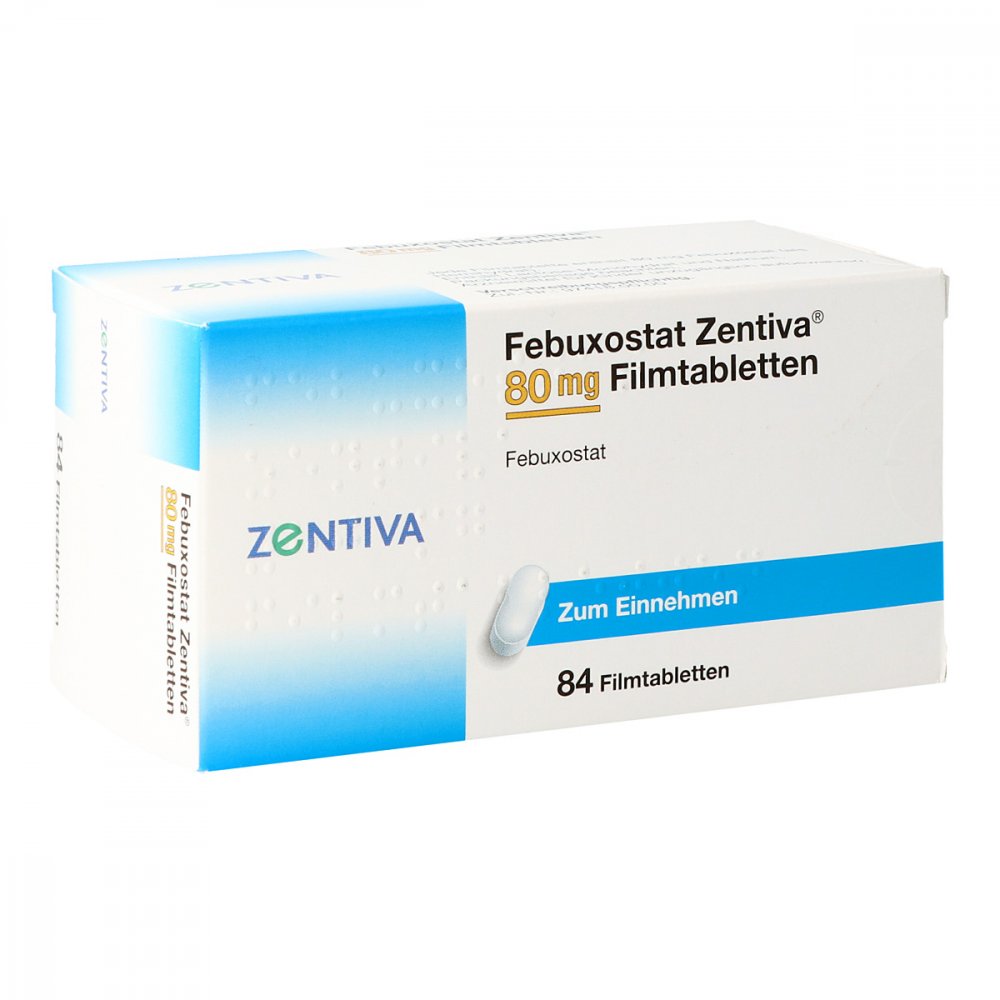 Das Produktfoto zeigt Febuxostat Zentiva 80 Mg Filmtabletten (84 stk) PZN 14313369