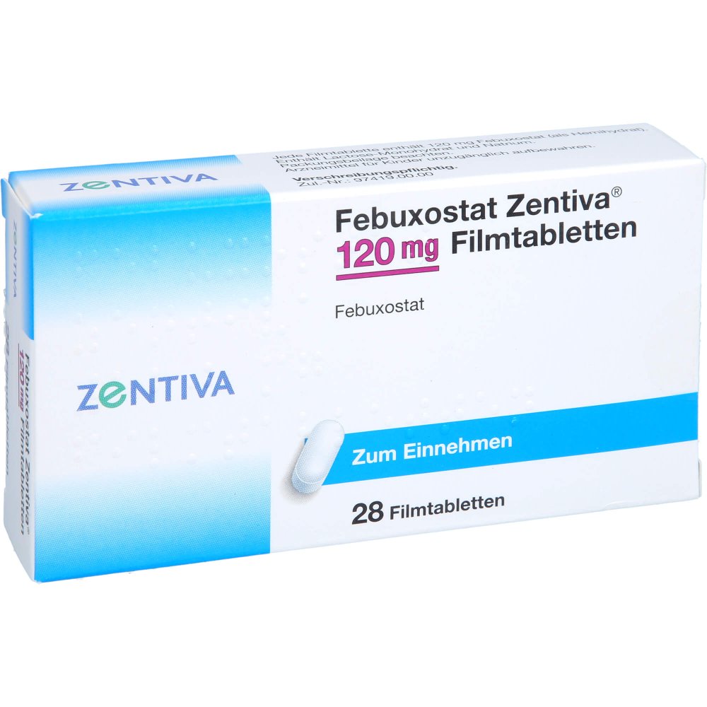 Das Produktfoto zeigt Febuxostat Zentiva 120 Mg Filmtabletten (28 stk) PZN 14313375