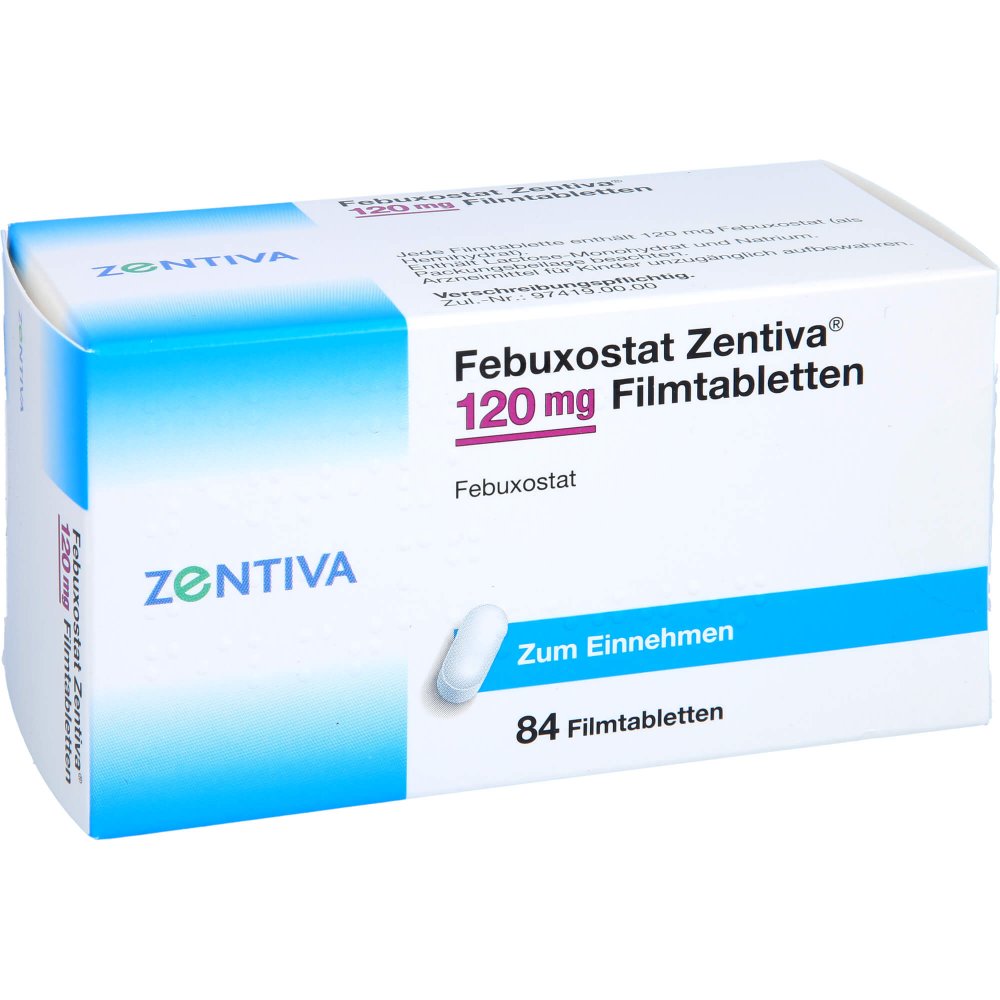 Das Produktfoto zeigt Febuxostat Zentiva 120 Mg Filmtabletten (84 stk) PZN 14313381