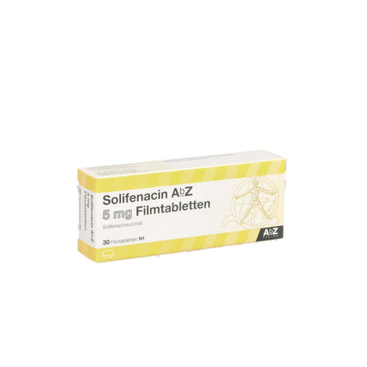 Das Produktfoto zeigt Solifenacin Abz 5 Mg Filmtabletten (30 stk) PZN 14323758