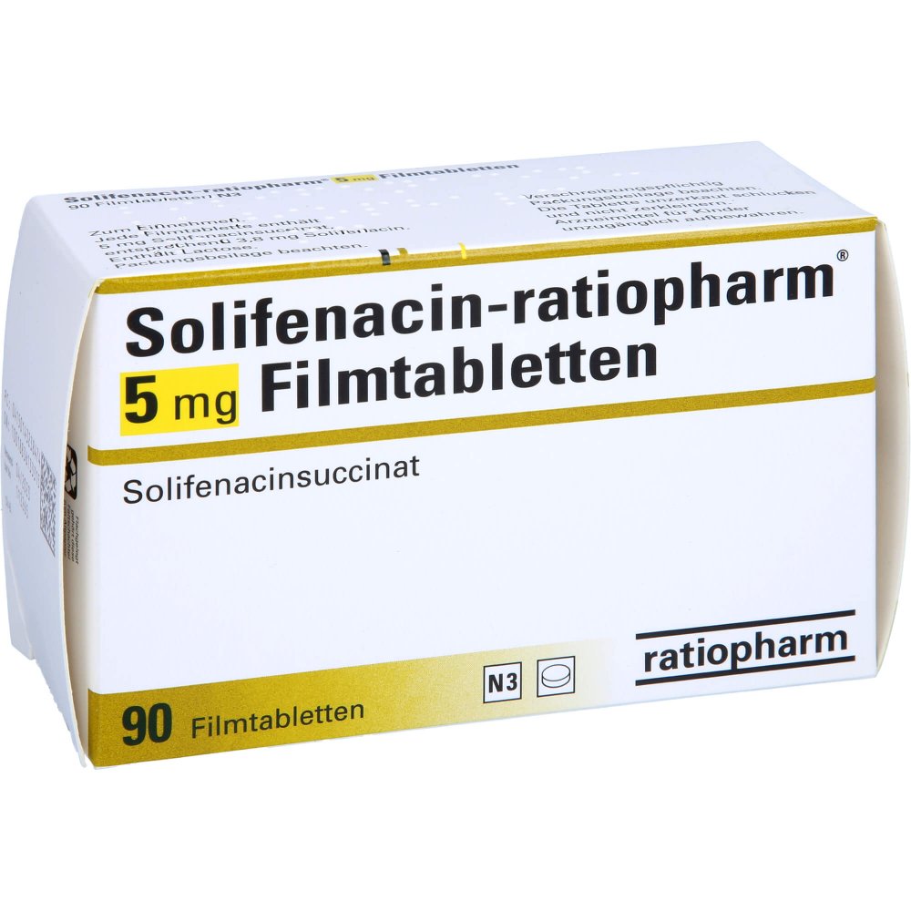 Das Produktfoto zeigt Solifenacin-Ratiopharm 5 Mg Filmtabletten (90 stk) PZN 14323847