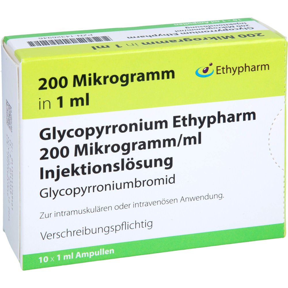 Das Produktfoto zeigt Glycopyrronium Ethypharm 200 Mikrogramm/Ml Inj.-L. (10X1 ml) PZN 14326946