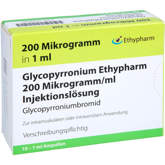 Das Produktfoto zeigt Glycopyrronium Ethypharm 200 Mikrogramm/Ml Inj.-L. (10X1 ml) PZN 14326946