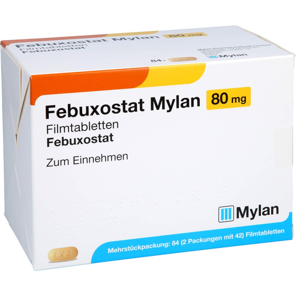 Das Produktfoto zeigt Febuxostat Mylan 80 Mg Filmtabletten (84 stk) PZN 14328112