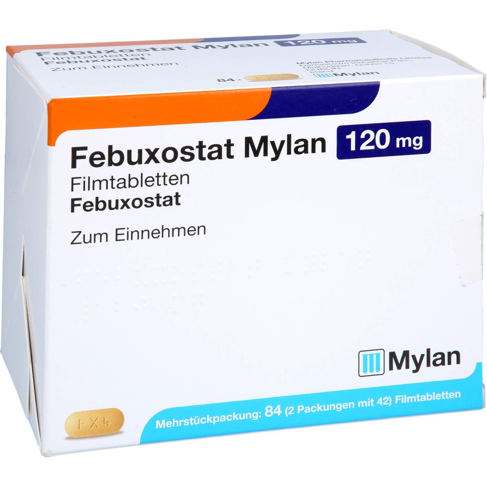 Das Produktfoto zeigt Febuxostat Mylan 120 Mg Filmtabletten (84 stk) PZN 14328135