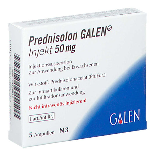 Das Produktfoto zeigt Prednisolon Galen Injekt 50 Mg Injektionssusp. (5 stk) PZN 14328922