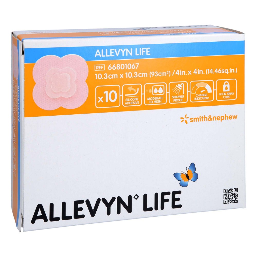 Das Produktfoto zeigt Allevyn Life 10,3x10,3 Cm Silikonschaumverband (10 stk) PZN 14329502