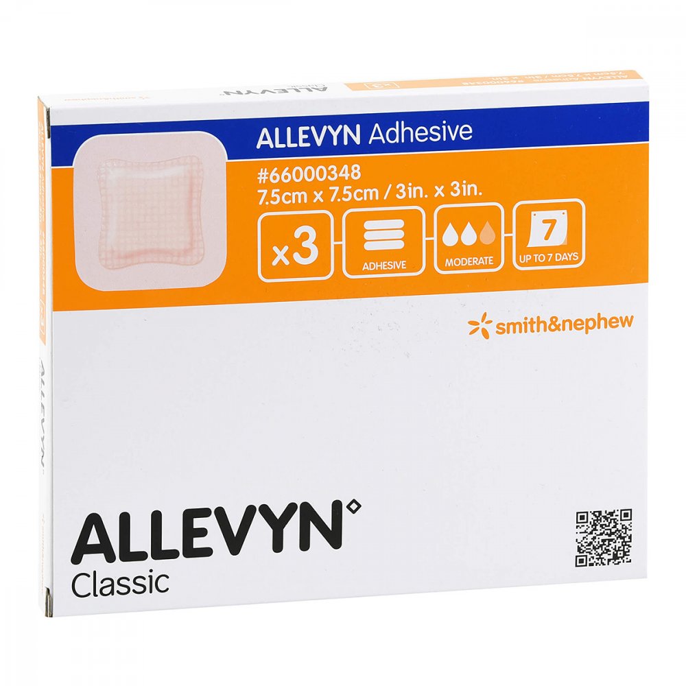 Das Produktfoto zeigt Allevyn Adhesive 7,5x7,5 Cm Haftende Wundauflage (3 stk) PZN 14329703