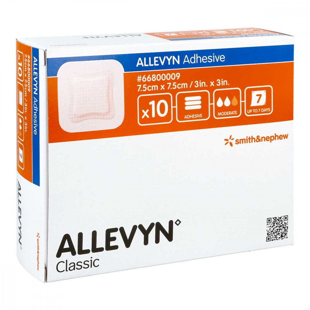 Das Produktfoto zeigt Allevyn Adhesive 7,5x7,5 Cm Haftende Wundauflage (10 stk) PZN 14329809