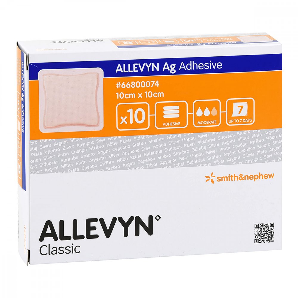 Das Produktfoto zeigt Allevyn Ag Adhesive 10x10 Cm Wundverband (10 stk) PZN 14329904