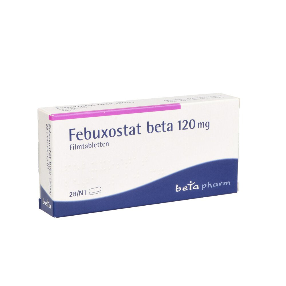Das Produktfoto zeigt Febuxostat Beta 120 Mg Filmtabletten (28 stk) PZN 14330936