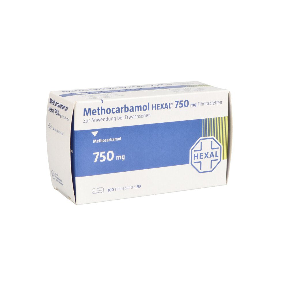 Das Produktfoto zeigt Methocarbamol Hexal 750 Mg Filmtabletten (100 stk) PZN 14331143