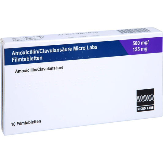 Das Produktfoto zeigt Amoxicillin/Clavulansäure Micro La.500mg/125mg Fta (10 stk) PZN 14334360