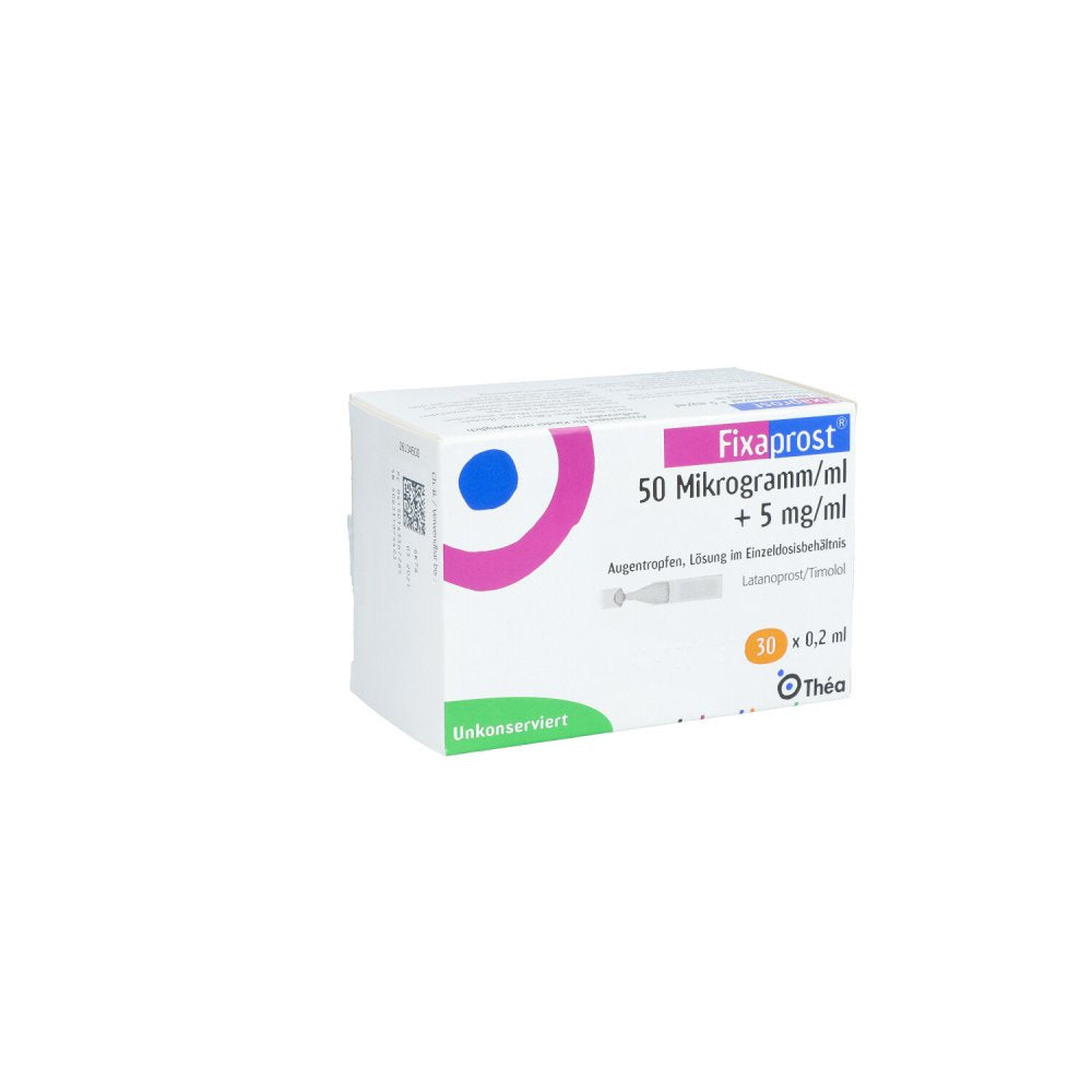 Das Produktfoto zeigt Fixaprost 50 Mikrogramm/Ml + 5 Mg/Ml Augentr.Edp (30X0.2 ml) PZN 14336778