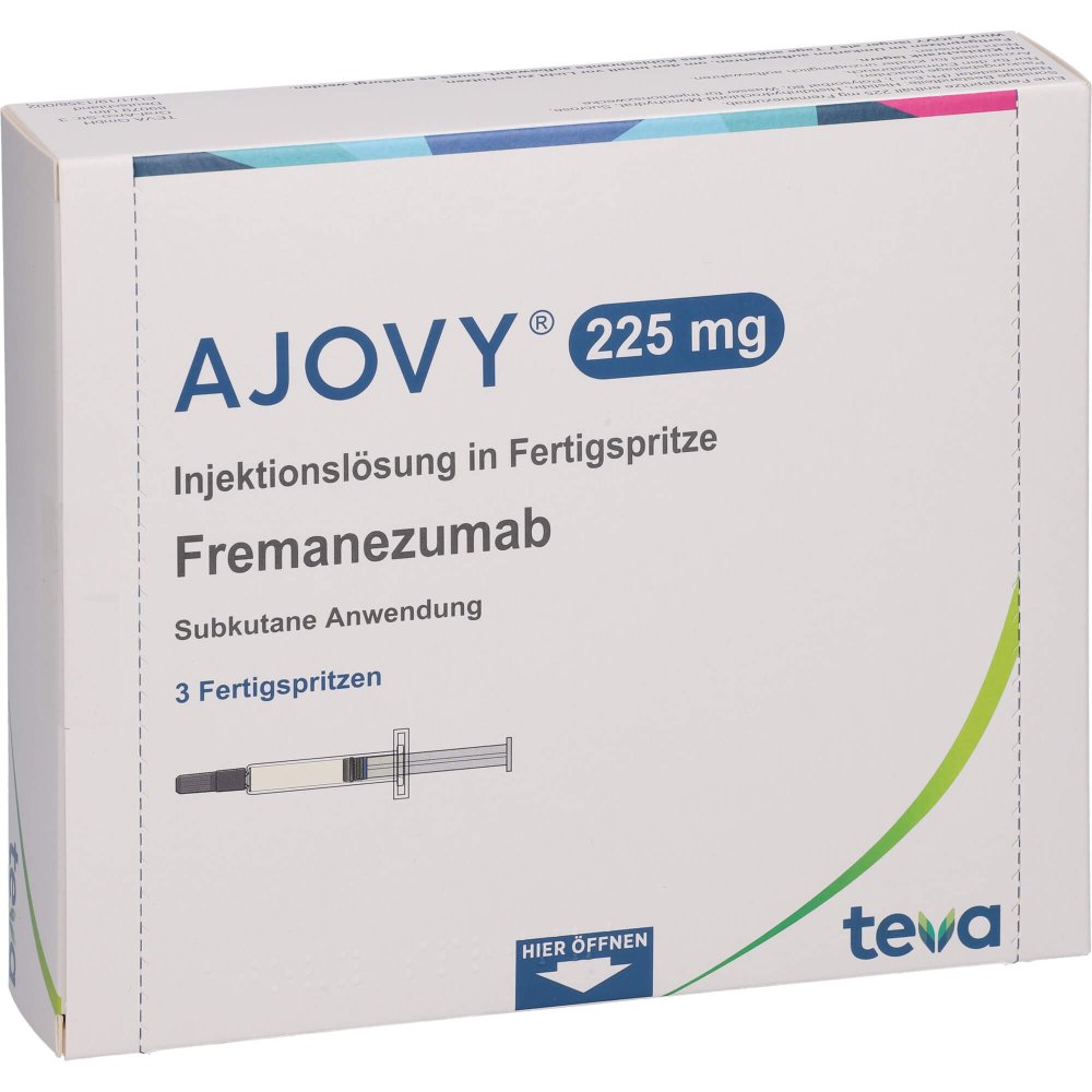 Das Produktfoto zeigt Ajovy 225 Mg Injektionslösung I.E.Fertigspritze (3 stk) PZN 14338814