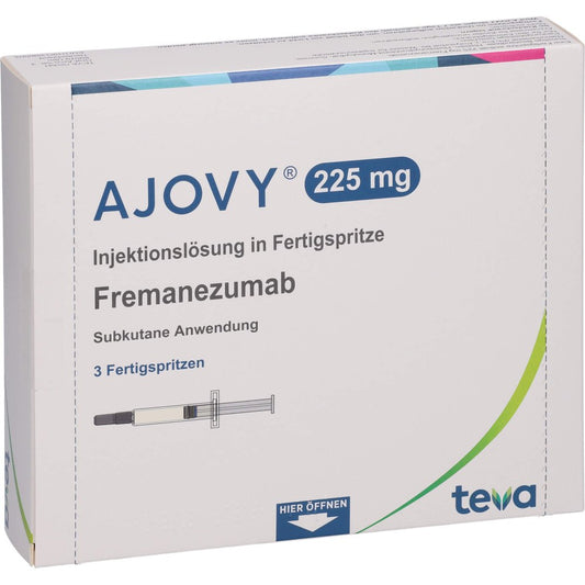 Das Produktfoto zeigt Ajovy 225 Mg Injektionslösung I.E.Fertigspritze (3 stk) PZN 14338814