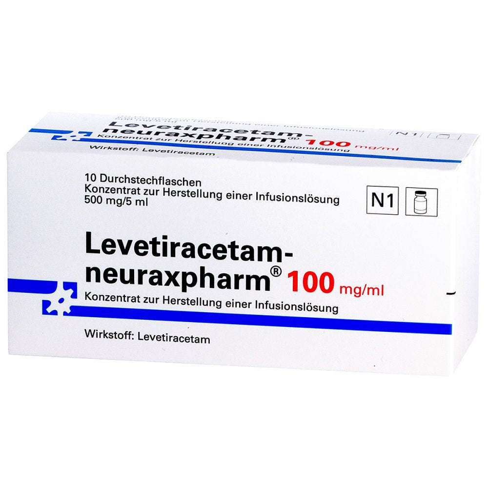 Das Produktfoto zeigt Levetiracetam-Neuraxpharm 100mg/Ml K.H.Inf.L.500mg (10 stk) PZN 14349002