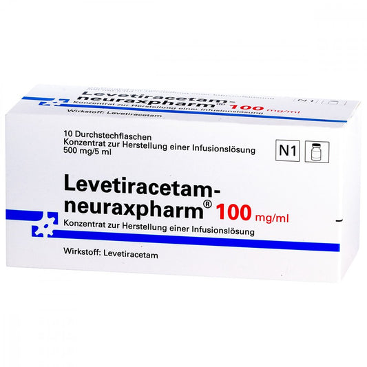 Das Produktfoto zeigt Levetiracetam-Neuraxpharm 100mg/Ml K.H.Inf.L.500mg (10 stk) PZN 14349002