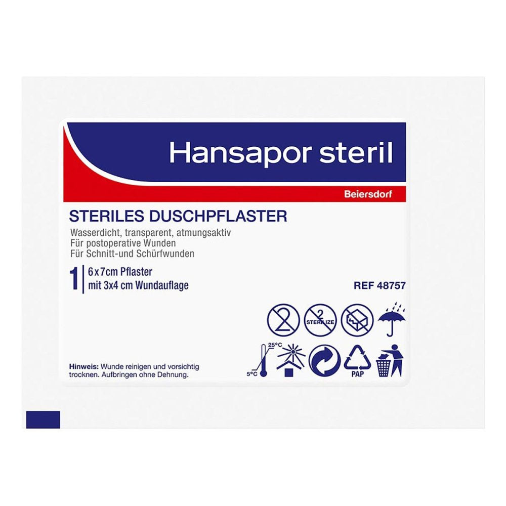 Das Produktfoto zeigt Hansapor Steril Duschpflaster 6x7 Cm (1 stk) PZN 14350057