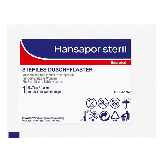 Das Produktfoto zeigt Hansapor Steril Duschpflaster 6x7 Cm (1 stk) PZN 14350057