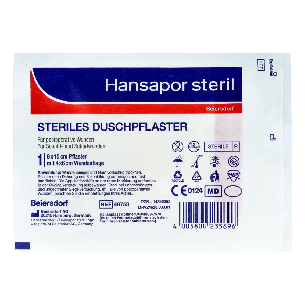 Das Produktfoto zeigt Hansapor Steril Duschpflaster 8x10 Cm (1 stk) PZN 14350063