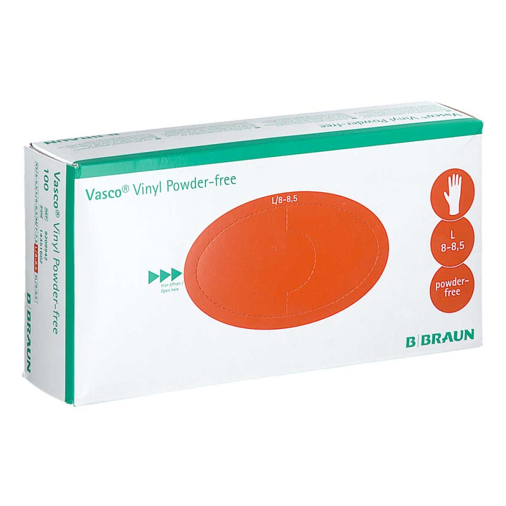 Das Produktfoto zeigt Vasco Vinyl Powderfree Unt.Handsch.Unsteril L (100 stk) PZN 14351602