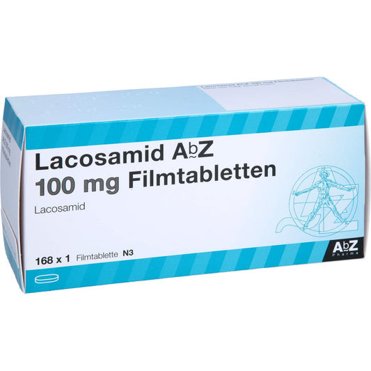 Das Produktfoto zeigt Lacosamid Abz 100 Mg Filmtabletten (168 stk) PZN 14352381