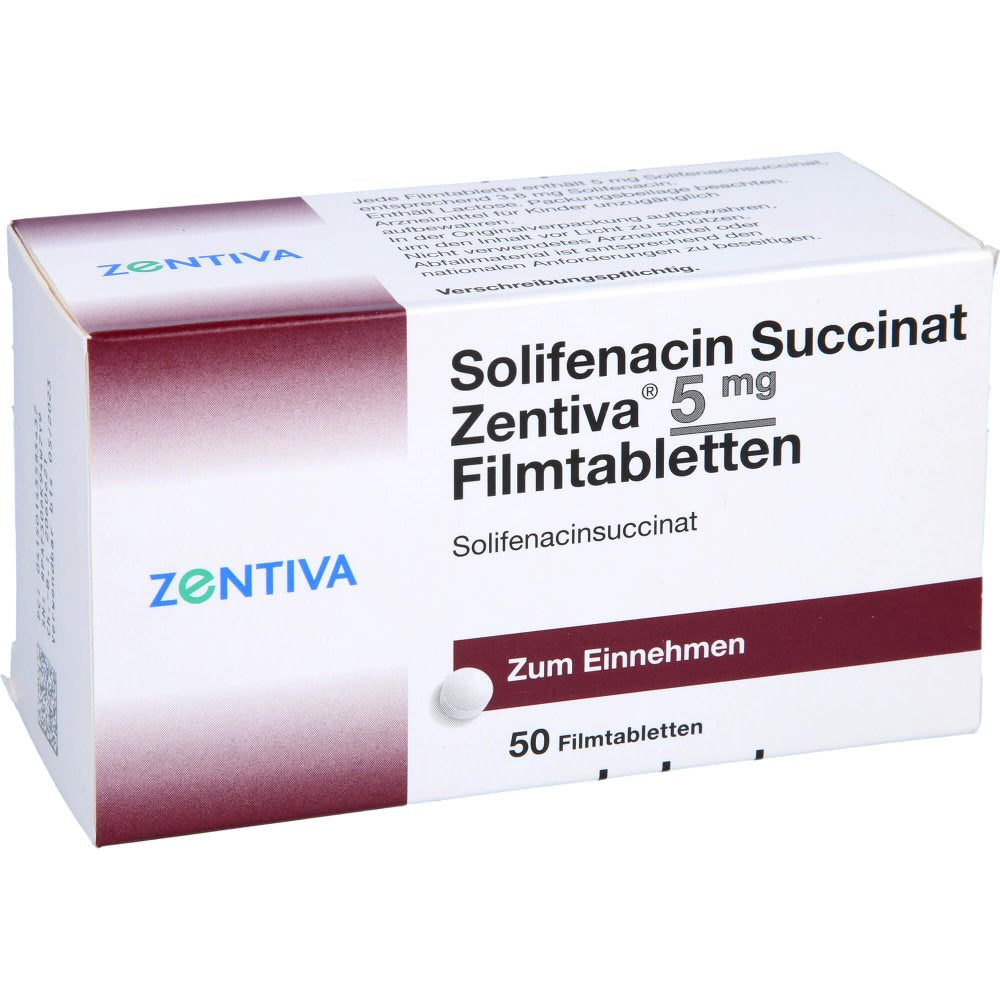 Das Produktfoto zeigt Solifenacin Succinat Zentiva 5 Mg Filmtabletten (50 stk) PZN 14358343