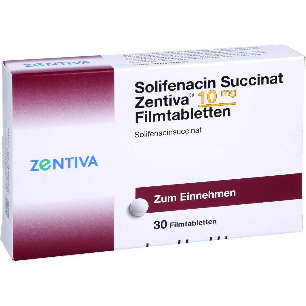Das Produktfoto zeigt Solifenacin Succinat Zentiva 10 Mg Filmtabletten (30 stk) PZN 14358372