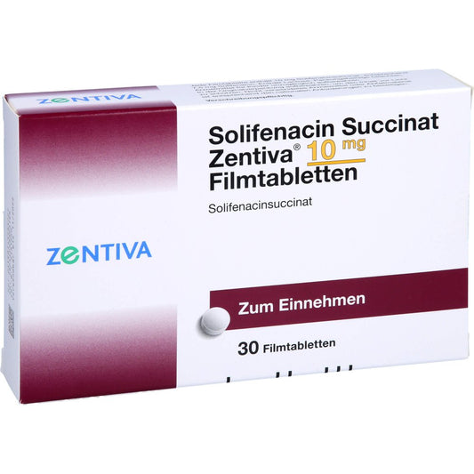 Das Produktfoto zeigt Solifenacin Succinat Zentiva 10 Mg Filmtabletten (30 stk) PZN 14358372